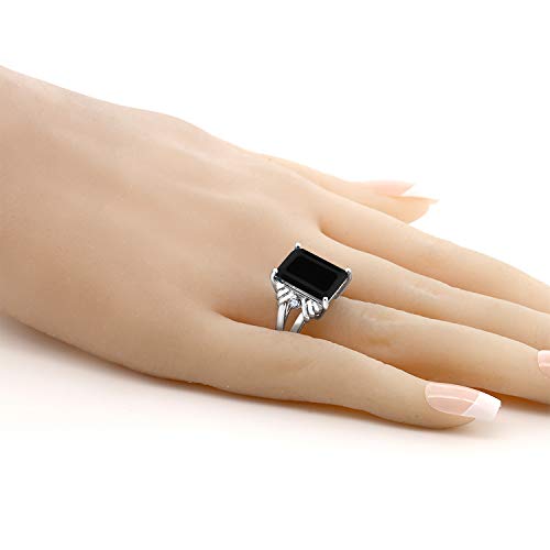 Gem Stone King 6.43 Cttw Black Onyx and White Created Sapphire Engagement Ring For Women | 925 Sterling Silver | Gemstone December Birthstone | Emerald Cut 14X10MM | Available in Size 5,6,7,8,94