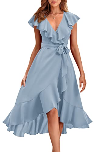 PRETTYGARDEN Women's Summer Cross Maxi Dress Casual Boho Deep V Neck Short Sleeve Ruffle Hem Split Beach Long Dresses (Light Blue,Large)