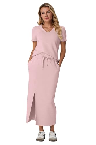 Image of GRECERELLE Women Summer Casual 2 Piece Sets V-Neck Wrinkle-Free Top & Elastic Waist Midi Side Slit Skirt with Pockets