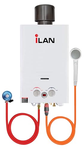 iLAN 10 L/Min Tankless Propane/LPG Gas Water Heater with Rain Cap, Multi-Purpose Instant Outdoor Shower for Camping, Pet Washing, Houseboats, and RV Trips