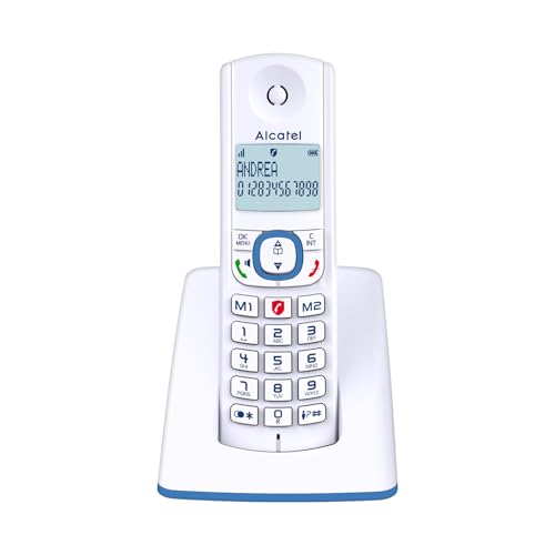 ALCATEL F530 - Téléphone Fixe Sans Fil DECT - Grand Écran Rétroéclairé - Mains Libres - Fonction Blocage Des Appels - 2 Touches De Mémoires Directes - Blanc/Bleu