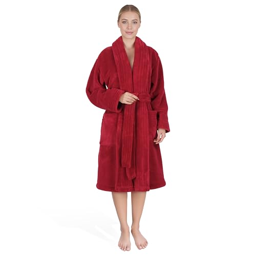 Image of American Soft Linen Women's Fleece Bathrobe - Luxury Soft, Plush, Fuzzy & Warm Turkish Robe for Women, Cozy Spa Quality Adult Bathroom Lounge Robe, Red L