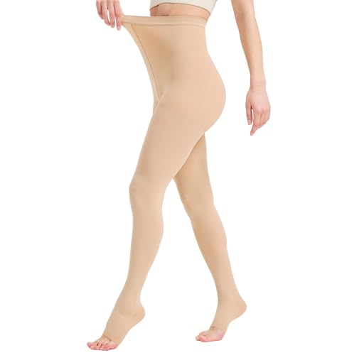 Image of KEKING Medical Compression Pantyhose for Women & Men, Comfort 15-20 mmHg Graduated Compression Support Stockings, Open Toe Compression Tights for Varicose Veins, Edema, Flight, Beige XL