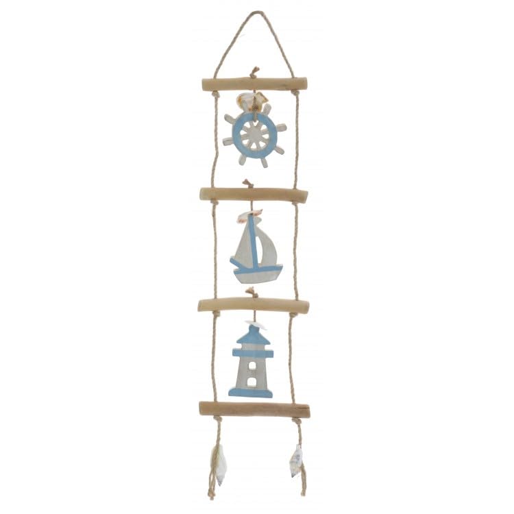 Quay Traders Wooden Lighthouse, Boat and Helm Rustic Hanging Ladder Decoration - Nautical Ornament for the Home - Lovely Gift Idea