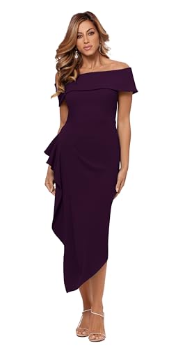 Betsy & Adam Women's Midi Off Shoulder Scuba Crepe Side Ruched Dress