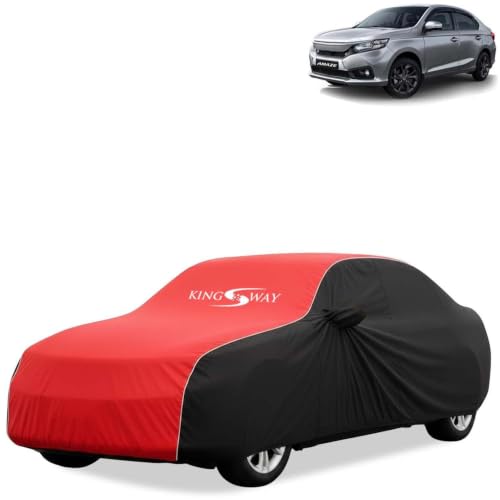 Image of KINGSWAY Super Waterproof Car Cover Only with Honda Amaze (Year 2021 to 2022 - All Model) | Mirror and Antenna Pockets | All Weather Car Body Cover with Silver Piping | Black Red