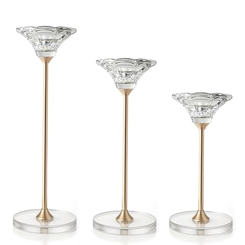 Maleoruigy Crystal Candlestick Holders, 2 in 1 Taper and Pillar Candle Holders, Set of 3 Clear Glass Candle Holder, Decorative Candle Holder Candelabra for Home Decor, Wedding, Party, Anniversary