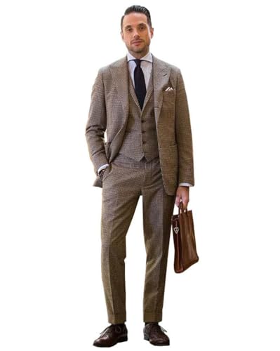 Kromoc Men's Houndstooth Peak Lapel Suit Prom 3-Piece Jacket Vest Pants Wedding Casual Daily