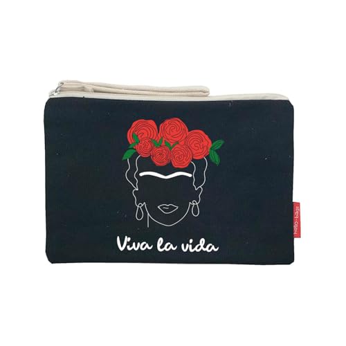 Hello-Bags. Bolso Neceser/Cartera de Mano. Exterior: Algodón 100%. con Cremallera y Forro Interior. Incluye Bonito sobre Kraft de Regalo. Modelo: VIVALAVIDA. Color: Crudo/Negro. 23x15,5 cm.