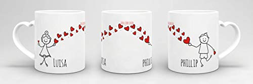 Partner-Tassen mit süßen Strichmännchen - für Frau und Mann - zum selbst Beschriften mit Wunschnamen - 2er Set Kaffeebecher aus Keramik mit Herzhenkel in Weiß, je 300 ml