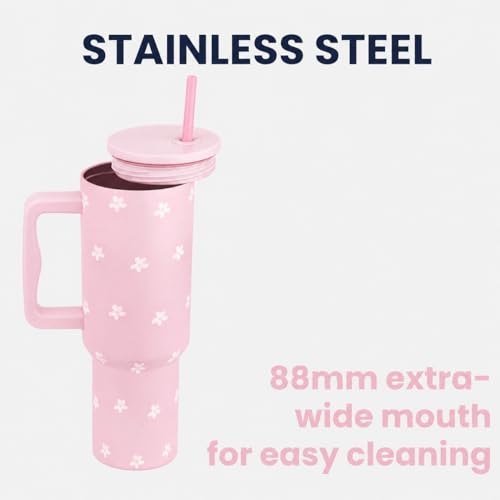 Image of Stainless Steel 1200 ml Vacuum Tumbler with Lid & Straw - Double‑Wall Insulated Cup for Travel, Gym & Office - Keeps Beverages Hot or Cold - 1.2 L Capacity (Pink Tiny Flower)