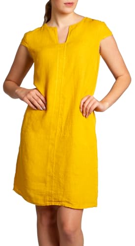 Caspar SKL036 Damen Sommer Leinenkleid mit ausgefallenem Ausschnitt, Farbe:gelb, Größe:XL - DE42 UK14 IT46 ES44 US12