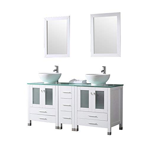 Wonline 60" White Double Wood Bathroom Vanity Cabinet And Round Ceramic Sink W/Mirror Combo Wash Basin With Faucet (Round Bowl) #TOP12