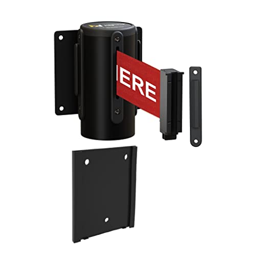 Montour Line WM115 Wall Mounted Retractable Belt Barrier with Standard Belt End, Removable Mount, Black Casing (8.5 ft Red with 