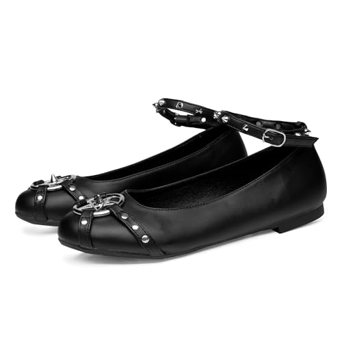 Gothniero Womens Black Flats with Metal Studs and Adjustable Strap Dressy Comfotable Cute Ballet Flats Goth Shoes for Women Dressy Flats Slip on Round Toe2