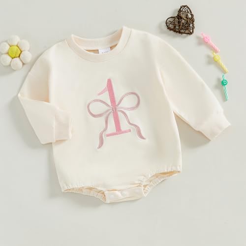 Honganda Baby Girl 1st Birthday Outfit Long Sleeve Bow Embroidery One Bubble Romper Sweatshirt Fall First Birthday Clothes3