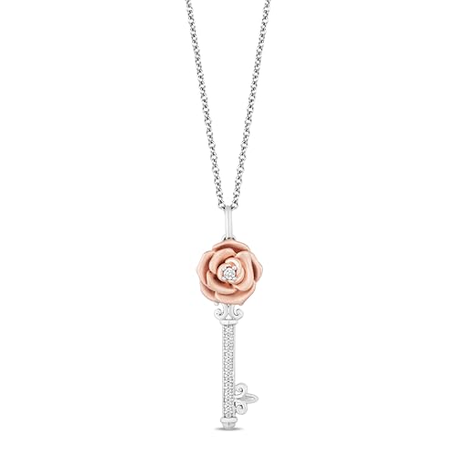 Jewelili Enchanted Disney Fine Jewelry Sterling Silver and 10K Rose Gold with 1/10 CTTW Diamond Belle Rose Key Pendant Necklace