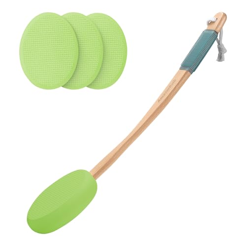 Image of AmazerBath Lotion Applicator for Back, Feet, 4 Replacement Pads with 17 inch Curved Handle, Back Sunscreen Applicator for Kids, Elderly, Apply Skin Cream Medicine Moisturizer Tanner, Soft Grass Green