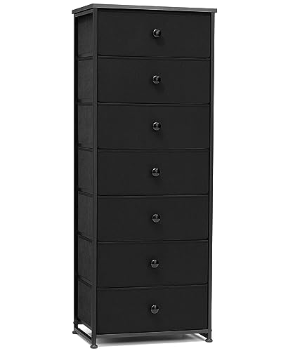 Image of Crestlive Products Tall Dresser, 7-Drawer Fabric Storage Tower, Chests of Drawers - Vertical Organizer Unit for Bedroom, Hallway, Entryway, Nursery, Closets - Steel Frame, Wood Top & Handles (Black)