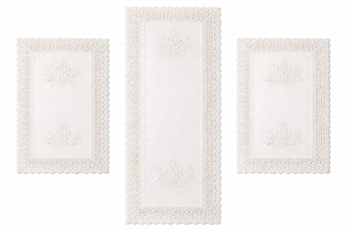 Corredocasa Tris Centrini Ricamati a Mano, Misto Lino Set 1 Runner da Tavola Rettangolare 40x90 cm e 2 Centri Tavola 30x40 cm Centrini Moderni per Mobili, Cucina, Sala da Pranzo (Disegno 1 Bianco)