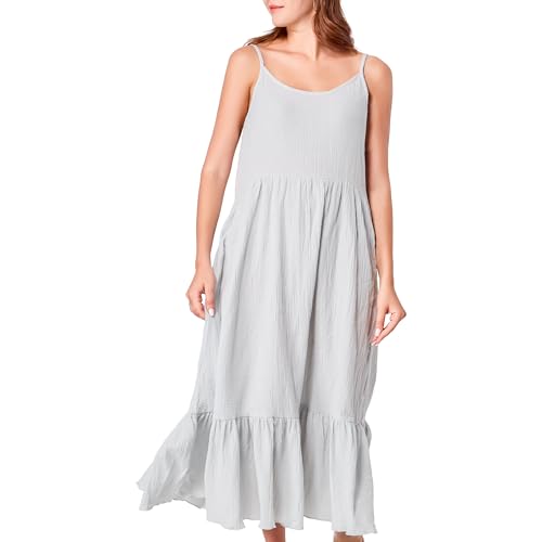 Image of Simple&Opulence Women Summer Casual Cotton Maxi Dress, Loose Sleeveless Spaghetti Strap Tiered Boho Flowy Sundress for Beach