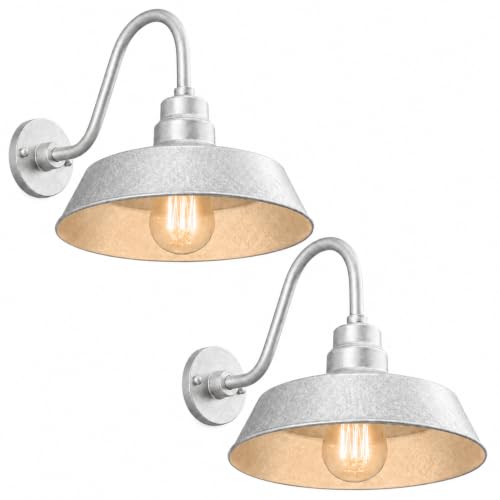 Image of 14in. Galvanized Finish Outdoor Gooseneck Barn Light Fixture With 14.5 in. Long Extension Arm - Wall Sconce Farmhouse, Antique Style - UL Listed - 9W 900lm A19 LED Bulb (5000K Cool White) - 2-Pack