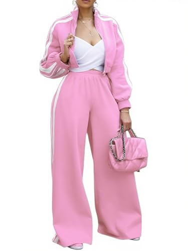 Akmipoem Women Sweat Suits 2 Piece Set Stripes Long Sleeve Zipper Crop Wide Leg Pants Tracksuit Pink M