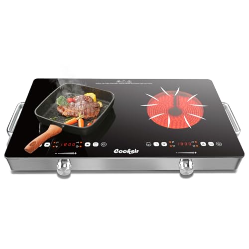 Cooksir 2 Burner Electric Cooktop - 24 Inch(22.2'x 13.1') Portable Electric Stove Top 110V, 2000W Countertop Two Burner Stove, Child Lock, Timer, Touch and Knob Control, 110V Plug in