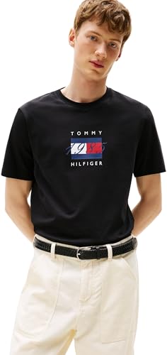Tommy Hilfiger Herren T-Shirt Kurzarm Linear Flag Graphic Regular Fit, Schwarz (Black), XL