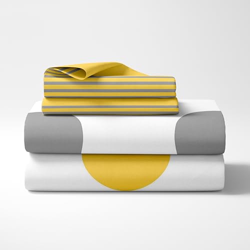 LORETO - A QUALITY LINEN BRAND 100% Cotton Bedsheet for Double Bed, 1 Double Bedsheet with 2 Pillow Covers | 144 TC Double Size Bedsheet Cotton, Yellow and Grey Polka Dots