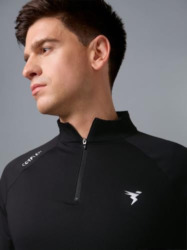 Image of TECHNOSPORT Men's Solid Quarter Zip Gym Slim Fit Active Sports T-Shirt with COTFLEX Full Sleeve Cotton Feel Polyester 4-Way Stretch Memory Fabric Lightweight Workout Running Training