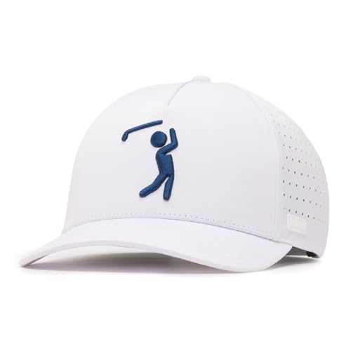 Bogey Bros Golf Hat for Men Performance Snapback Cap Breathable Poly Spandex Sweat Resistant Structured Fit - Bogeyman White/Navy