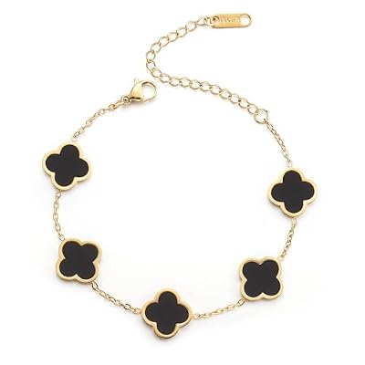 AIPPK 18K Gold Plated Clover Lucky Bracelet for Women White/Black/Red/Green Flower Four Leaf Link Bracelets Trendy Jewelry Gifts for Women (Black-N)