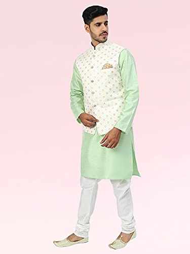 Image of Uri and MacKenzie Men's Silk Blend Regular Kurta Churidar Pyjama with Bundi Nehru Jacket /Waistcoat
