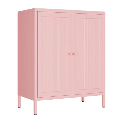 LYMOUYEE Metal Accent Storage Cabinet for Home LivingRoom Office Kitchen- Metal Locker Cabinet with 1 Adjustable Shelves-Bathroom Floor Storage Cabinet Freestanding Organizer(Stripe Door Pink)