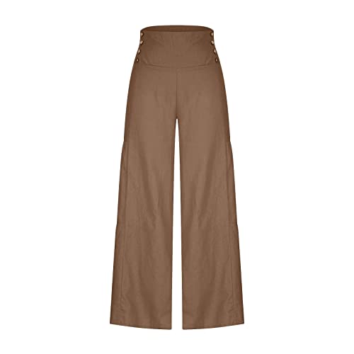 YOLAI Women's Casual Long Palazzo Pants Elastic High Waist Wide Leg Trousers Cotton Linen Loose Pants (D, M)