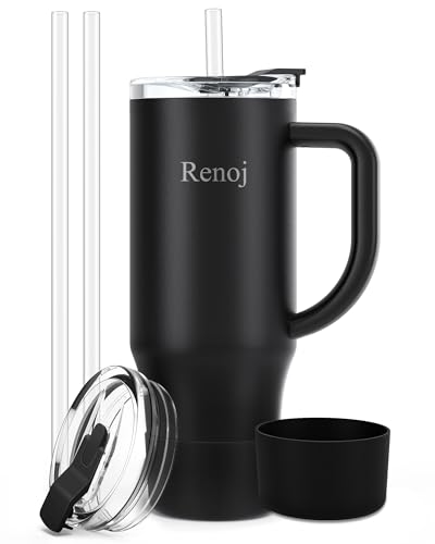 Renoj Tumbler with Handle 100% Leak Proof Insulated Water Bottle for Iced Coffee & Hot Drinks - Fits Car Cup Holder, Ideal Gift, 2 Straws & Silicone Boot BPA-Free - SnapShift Black 32 oz