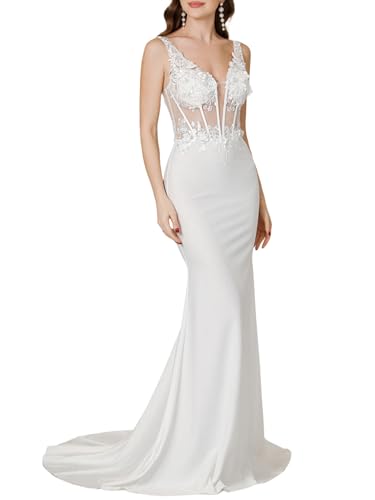 Misshow Robe de Mariée Champêtre Longue, Col V Dos Nu sirène élégant avec Bretelles Chic Pas Cher Ivoire 40