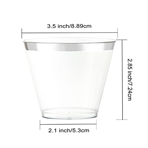 WELLIFE 200pcs Silver Cups, 9OZ Clear Plastic Cups,Plastic Wine Glasses Disposable,Cocktail Glasses for Party and Weddings