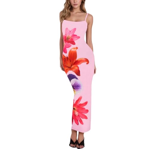 Image of Womens Summer Casual Floral Dresses Spaghetti Strap Bodycon Maxi Beach Dress Elegant Evening Party Long Dresses (US, Alpha, Small, Regular, Regular, Pink Pink)