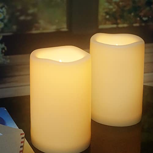 Image of CANDLE CHOICE Waterproof Outdoor Battery Operated Flameless Candles with Timer Large Plastic Resin Bright Flickering Electric LED Pillars Lantern Garden Wedding Christmas Decorations 4 inch(D)x6 inch(H) 2 PCS