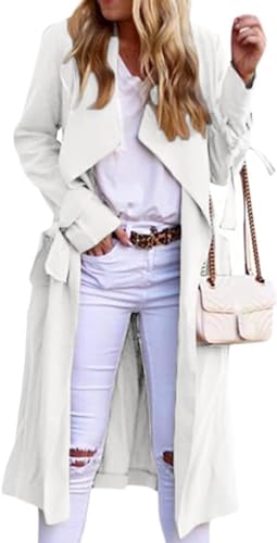 Gabardina Elegante para Mujer Gabardina Informal de Moda clásica con Cintura Chaqueta Larga Suelta de Negocios Ligera de Primavera y otoño (Blanco,M)