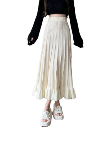 Women Patchwork Ruffle Edge Knit Long Skirts Fall Winter Vintage High Waist Party A-Line Pleated Skirt - Main Image