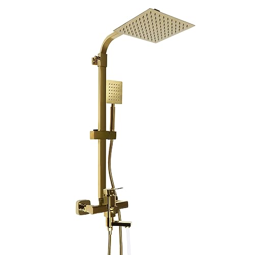 Système de douche à effet pluie, système de douche doré, poteau de douche avec pommeau de douche et pommeau de douche à main, barre de douche réglable, 3 modes de sortie d'eau, buse de douche en