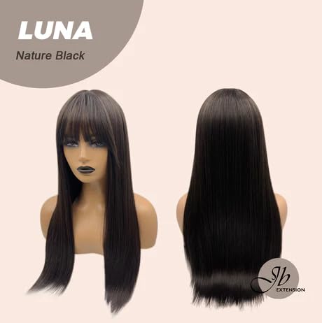 Miniatura 7 de LUNA - Peluca larga y lacia de color negro natural con flequillo completo, para usar y llevar, sin pegamento, pelucas sintéticas naturales para uso