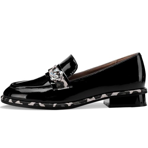 Image of Loafers for Women Patent Leather Buckle Square Toe Chunky Block Dress Slip On Wide Casual Comfortable Dressy High Heels Ladies Comfort Moccasins Elegantes 2 Inch Shoes