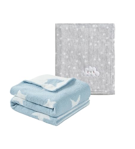 Image of CREVENT 2Pcs 30''X40'' Cute Cozy Fluffy Warm Baby Blankets for Infants Toddlers' Bedding Crib Cot Stroller - Grey Cloud + Knit Blue