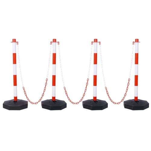 LLS 4 Pack Traffic Delineator Post Cones with Fillable Base, Adjustable Plastic Safety Barrier with 5ft Plastic Chain, Outdoor and Indoor Crowd Control Stanchion for Traffic Control and Warning, Red