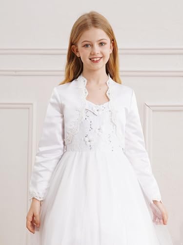 White Satin Long Sleeve First Communion Bolero for Girls Lace Open Front Cardigan Cropped Top3