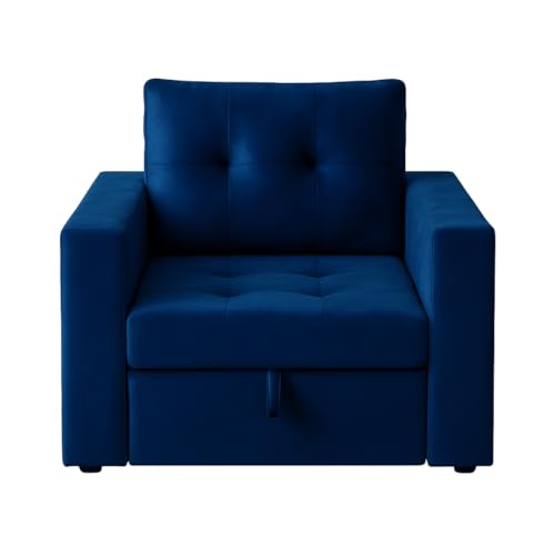 Image of FURNY Tressa 1 Seater Pull-Out Premium Fabric Sofa Cum Bed Sofa Set for Living Room (Blue Fabric)